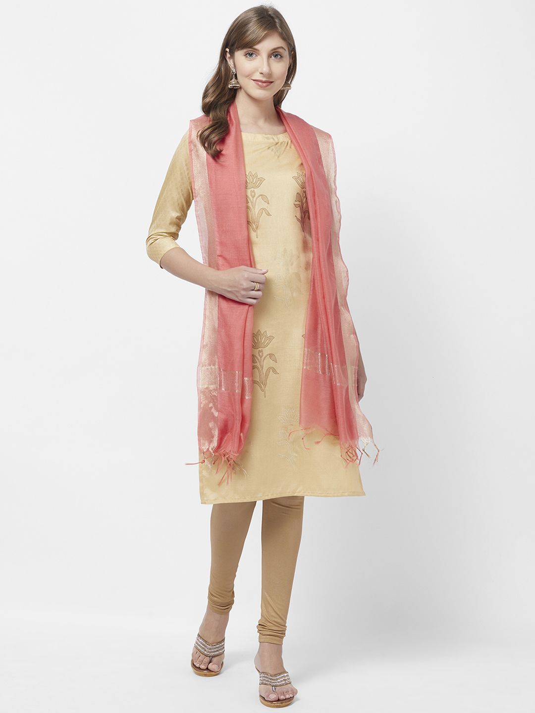 Dupatta Bazaar Peach-Coloured & Gold-Toned Solid Dupatta Price in India