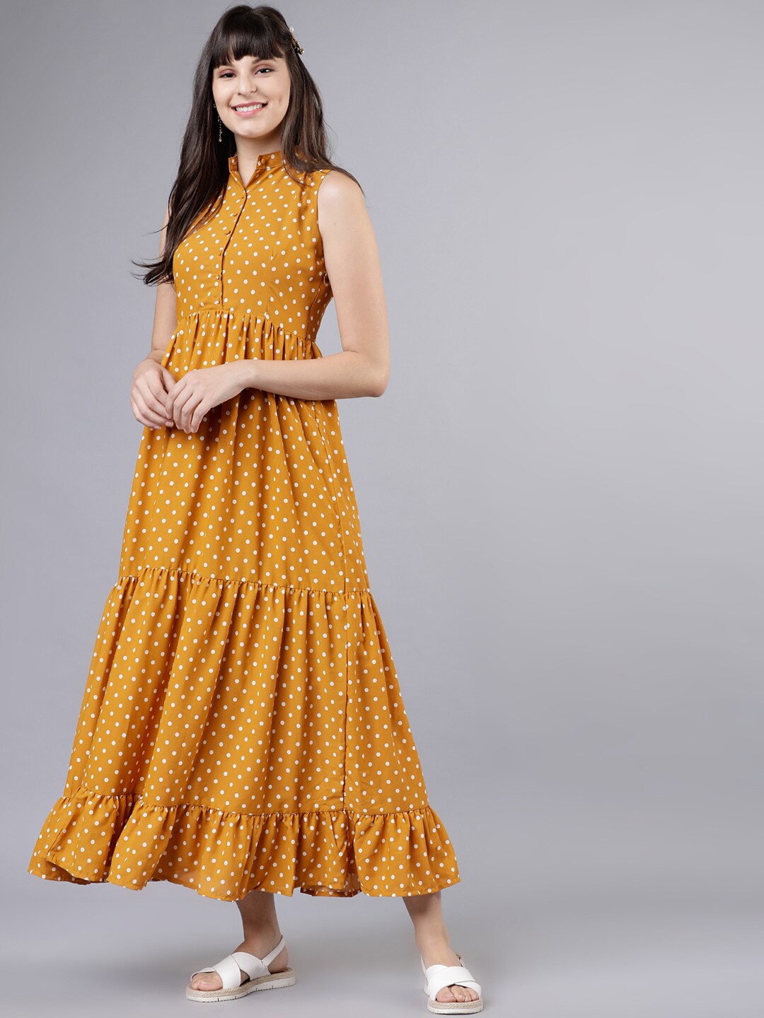 mustard and white polka dot dress