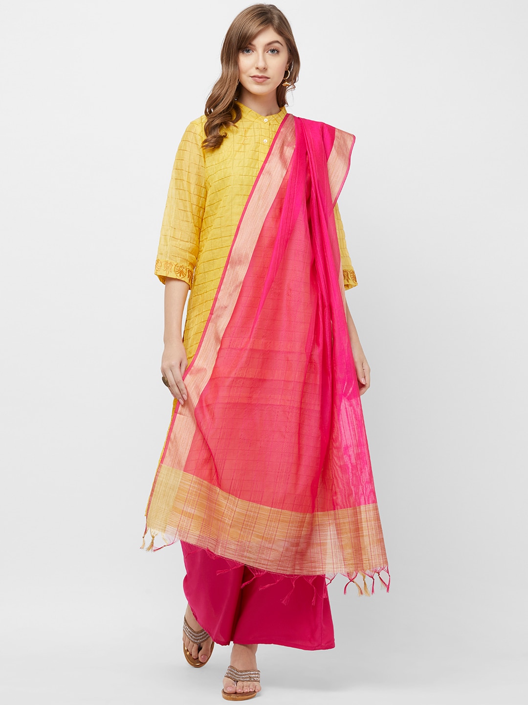 Dupatta Bazaar Fuchsia Pink & Gold-Toned Solid Dupatta Price in India