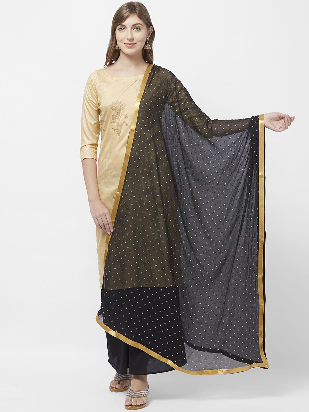 Dupatta Bazaar Women Black & Gold-Toned Embellished Dupatta Price in India