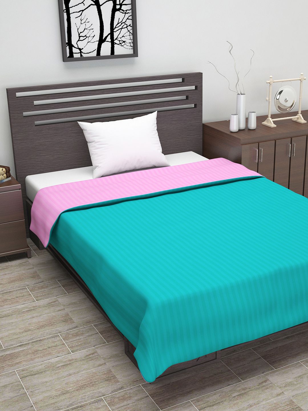 Divine Casa Pink & Turquoise Blue Striped Reversible AC Room 110 GSM Single Bed Dohar Price in India