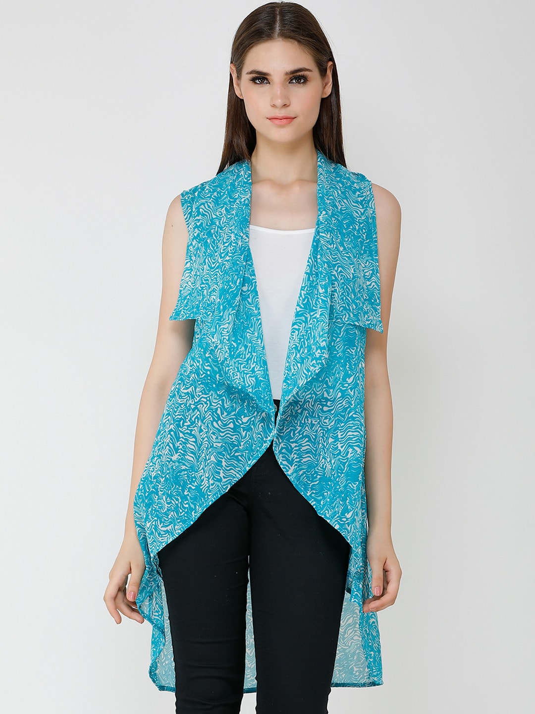 Cation Women Blue Printed Open Front Shrug Price in India