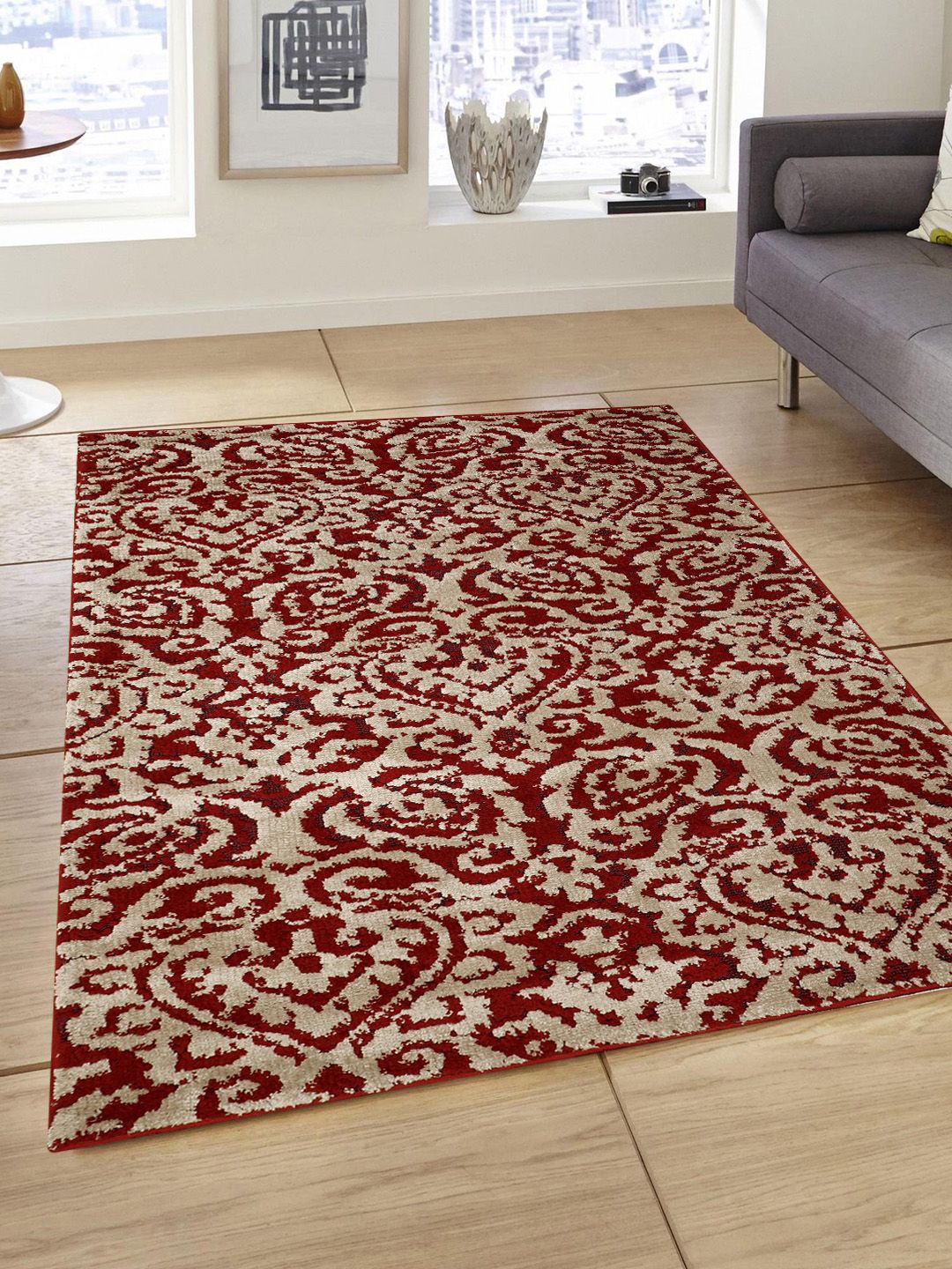 PRESTO Maroon & Beige Printed Hand-Tufted Anti-Skid Polyester Carpet Price in India