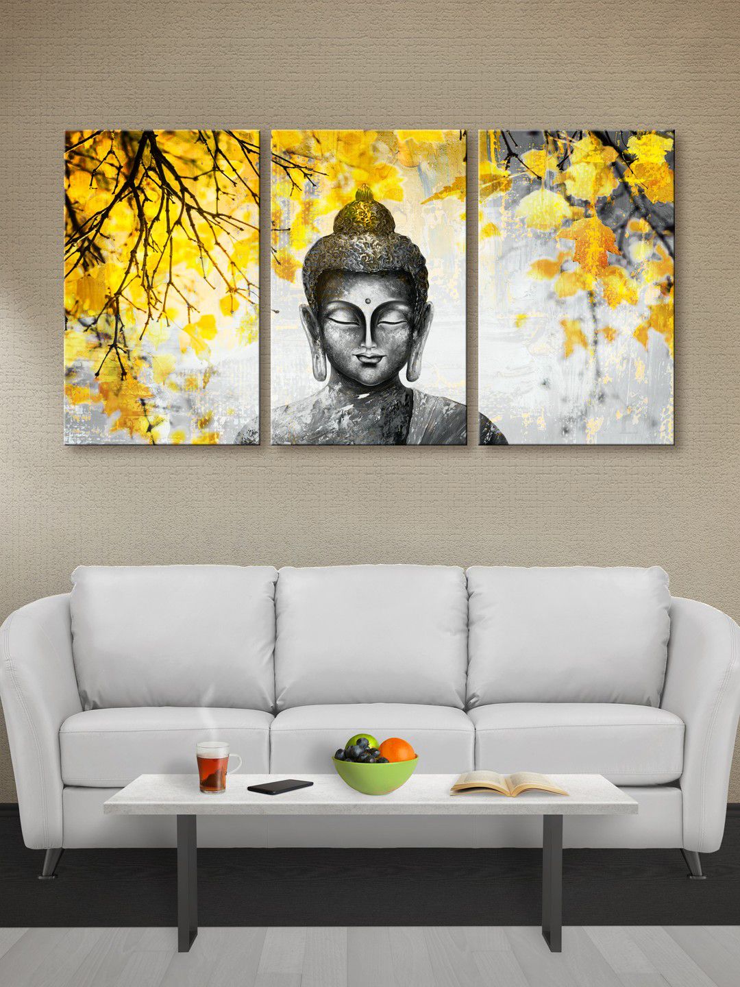 999Store Grey & Yellow Set of 3 Lord Buddha Canvas Wall Art Price in India