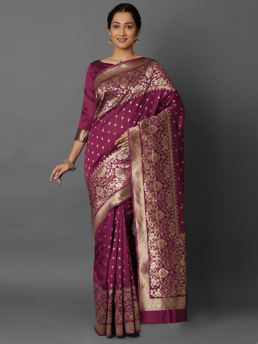 Mitera Magenta & Gold-Toned Silk Blend Woven Design Kanjeevaram Saree Price in India