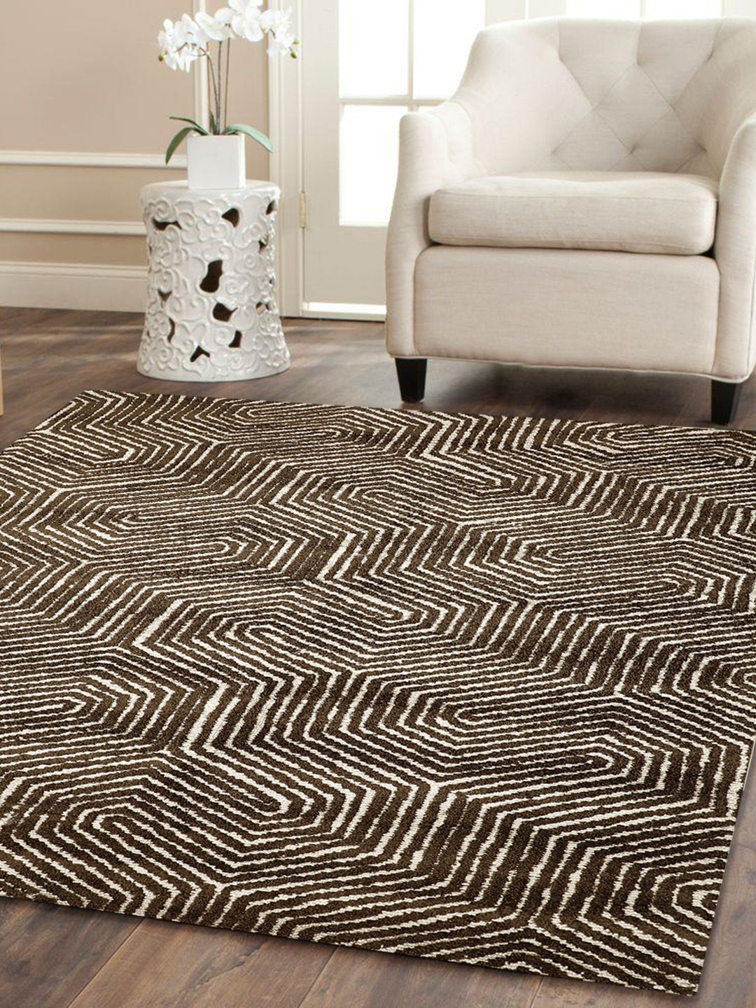 PRESTO Brown & Beige Printed Hand-Tufted Anti-Skid Polyester Carpet Price in India