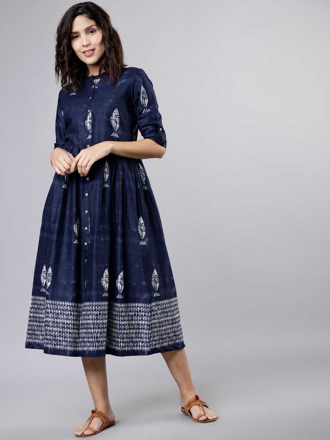 Vishudh Women Navy Blue & White Dyed A-Line Dress Price in India