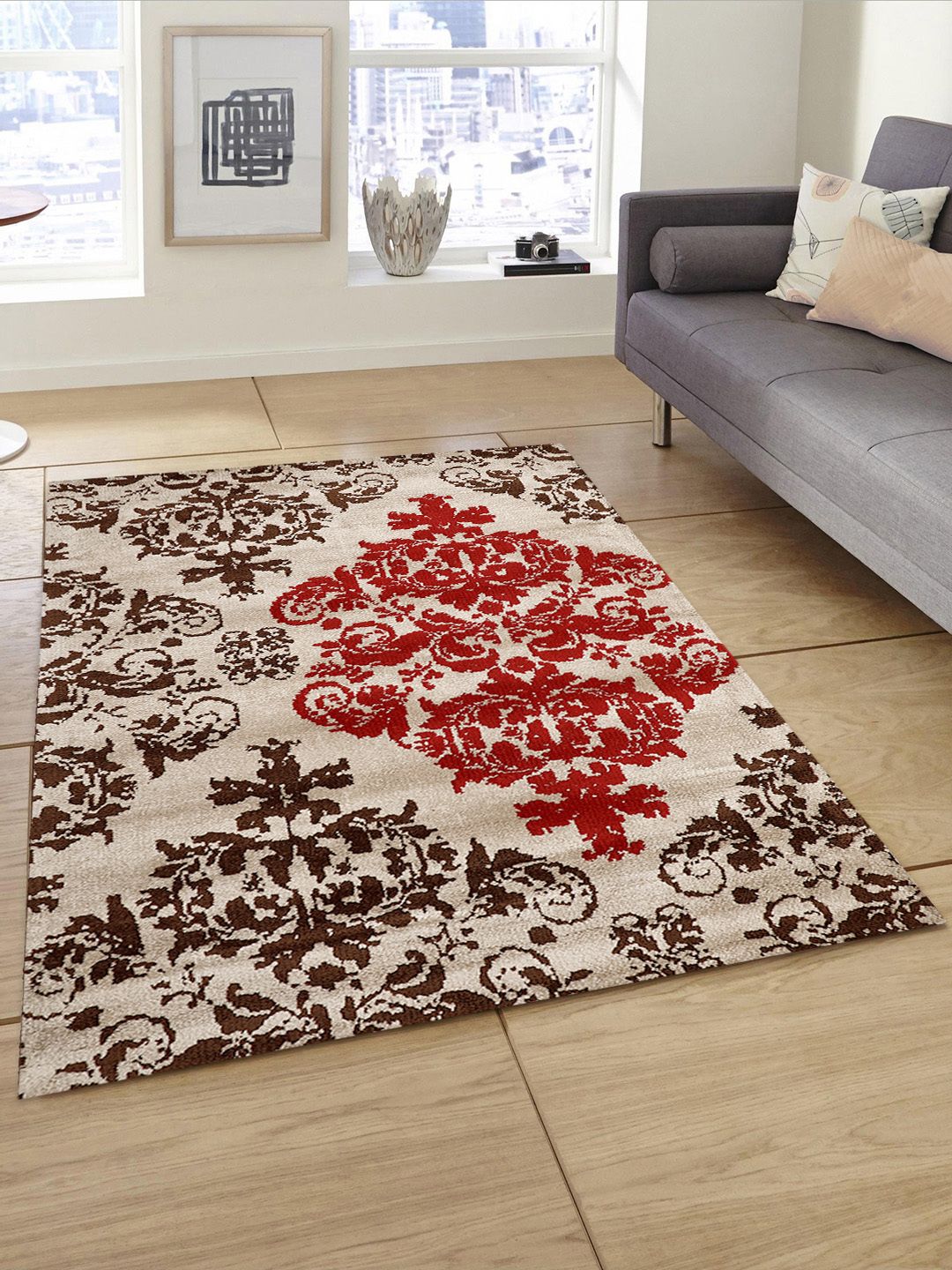 PRESTO Brown & Beige Printed Hand-Tufted Anti-Skid Polyester Carpet Price in India