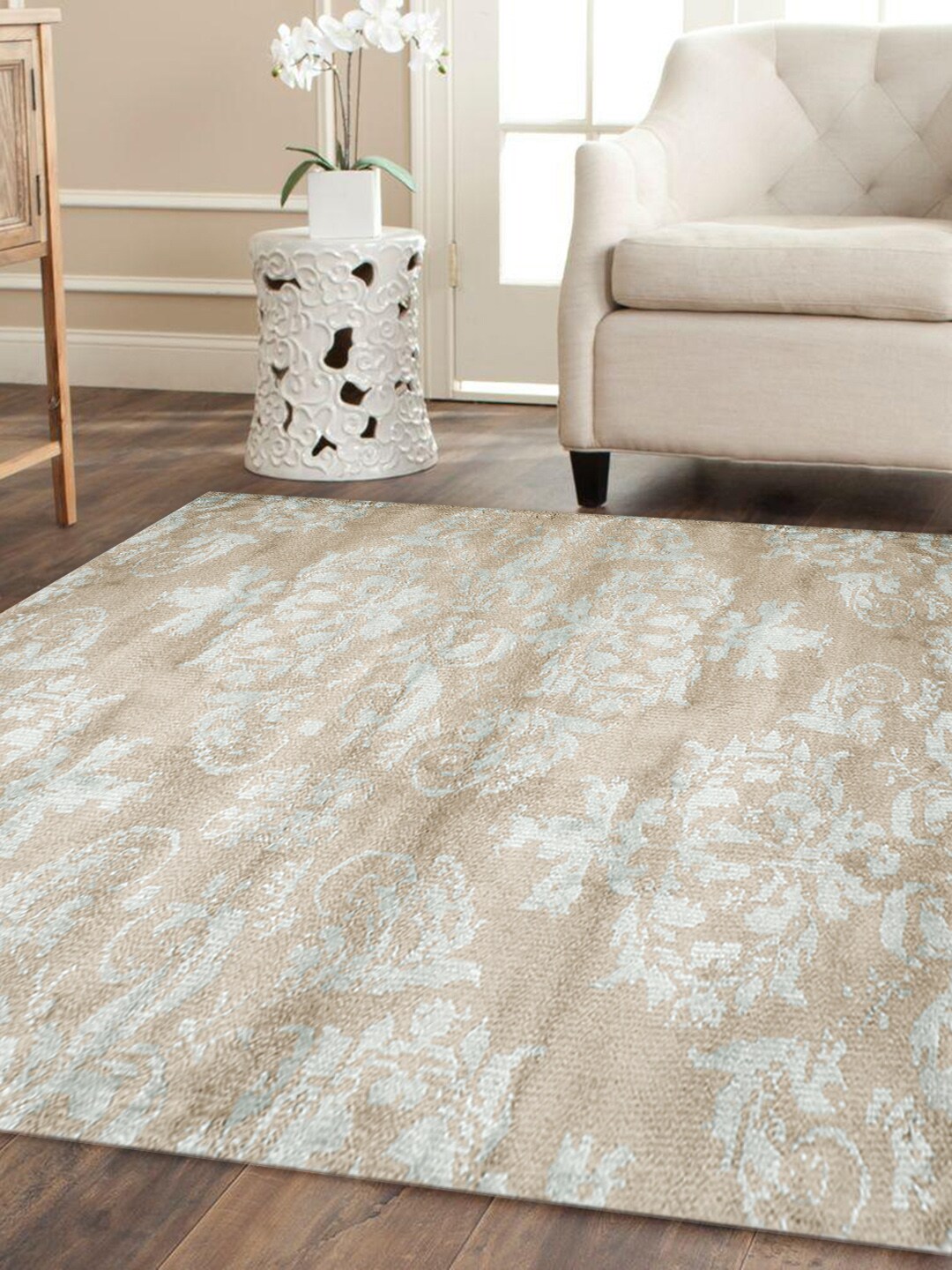 PRESTO Beige & Blue Printed Hand-Tufted Anti-Skid Polyester Carpet Price in India
