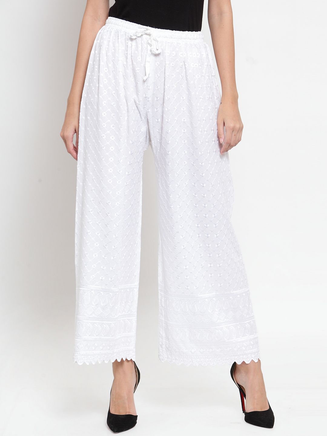 Clora Creation Women White Embroidered Straight Palazzos