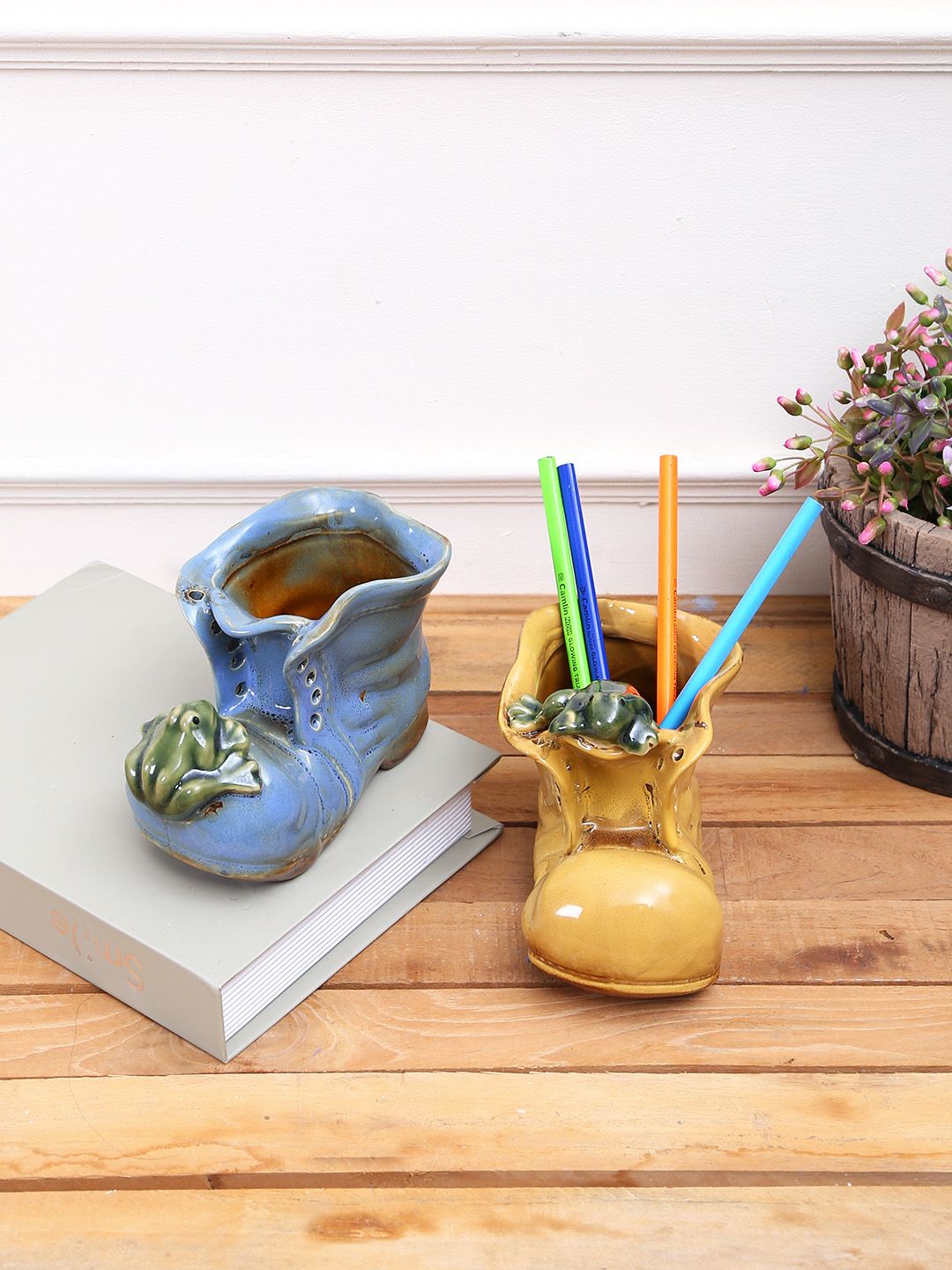 TAYHAA Set of 2 Blue & Yellow Shoe-Shaped Stationery Holder Ceramic Showpiece Price in India