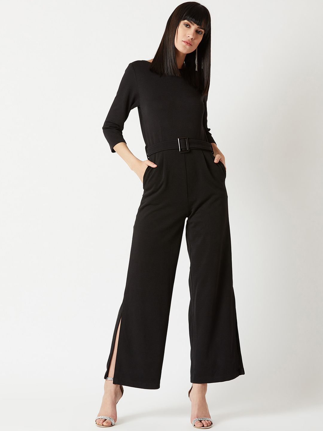 Miss Chase Black Solid Basic Jumpsuit Price in India