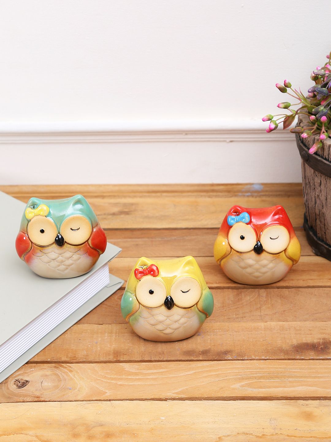 TAYHAA Set of 3 Multi Owls Ceramic Showpiece Price in India