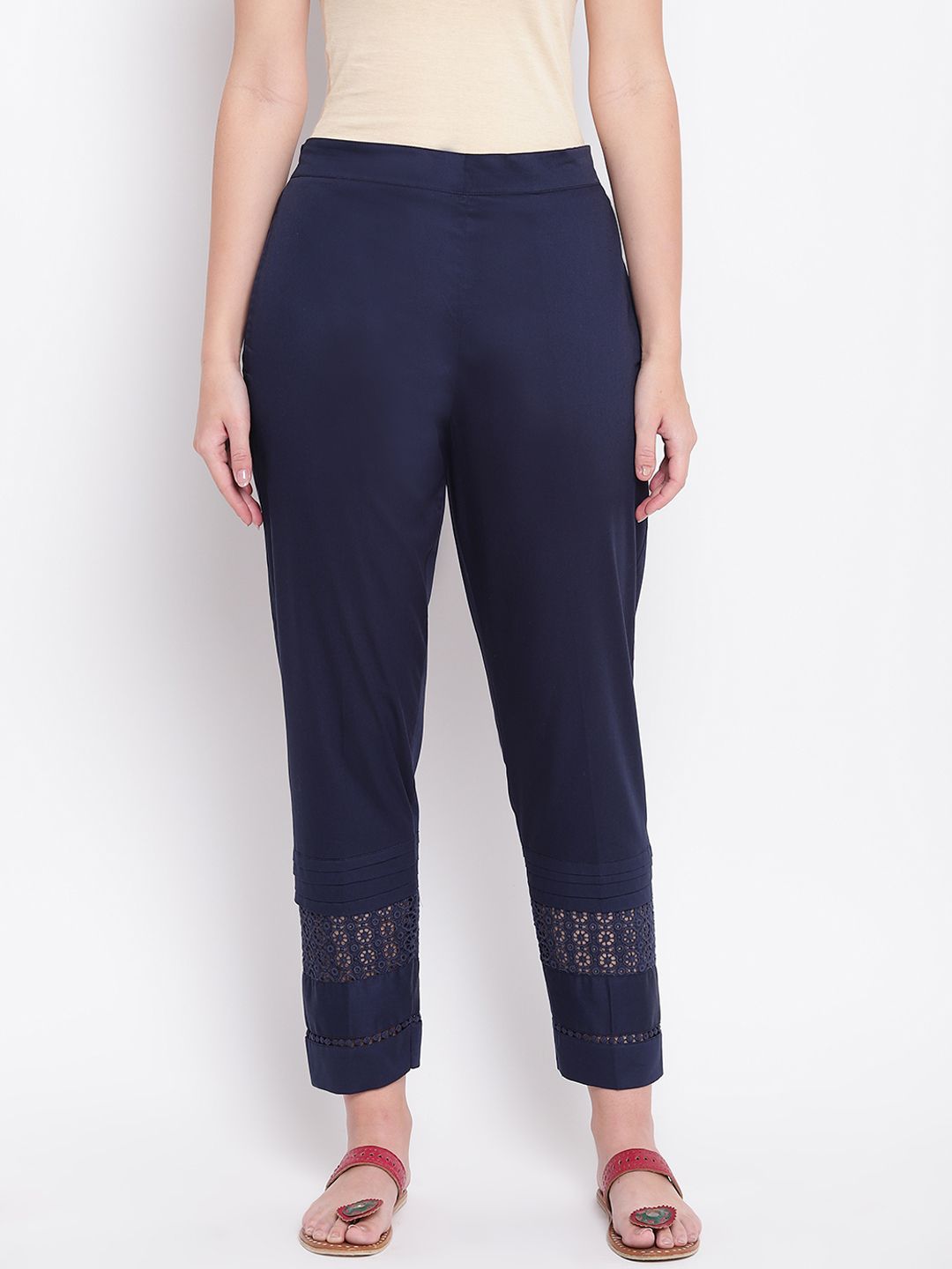 RIVI Women Navy Blue Relaxed Fit Solid Regular Trousers with Lace Inserts Price in India