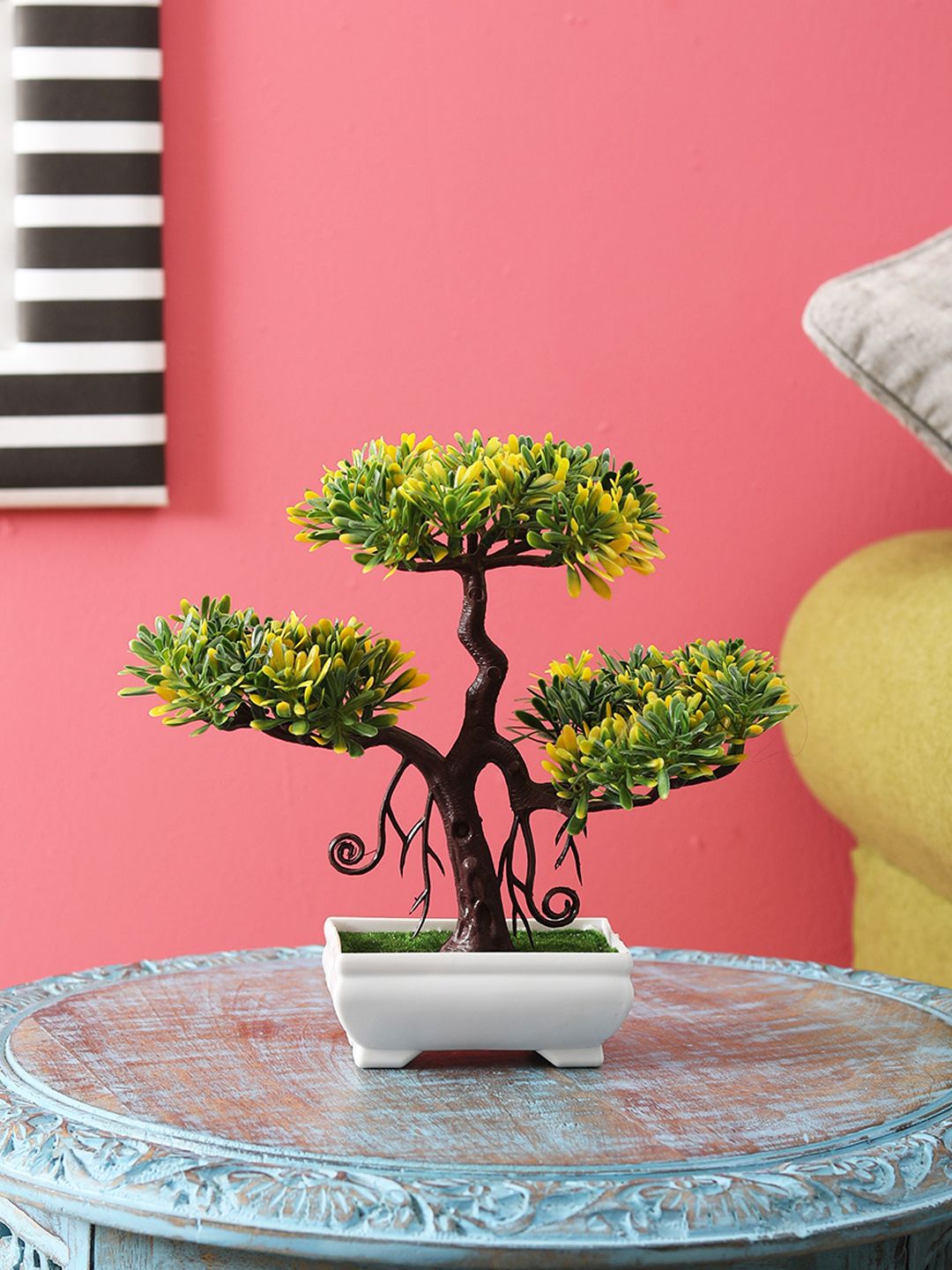 FOLIYAJ Green & Yellow Artificial 3-Headed Bonsai Tree With Pot Price in India