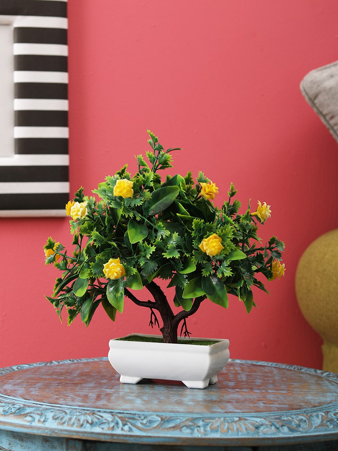 FOLIYAJ Green & Yellow Artificial 3-Branch Bonsai Tree With Pot Price in India