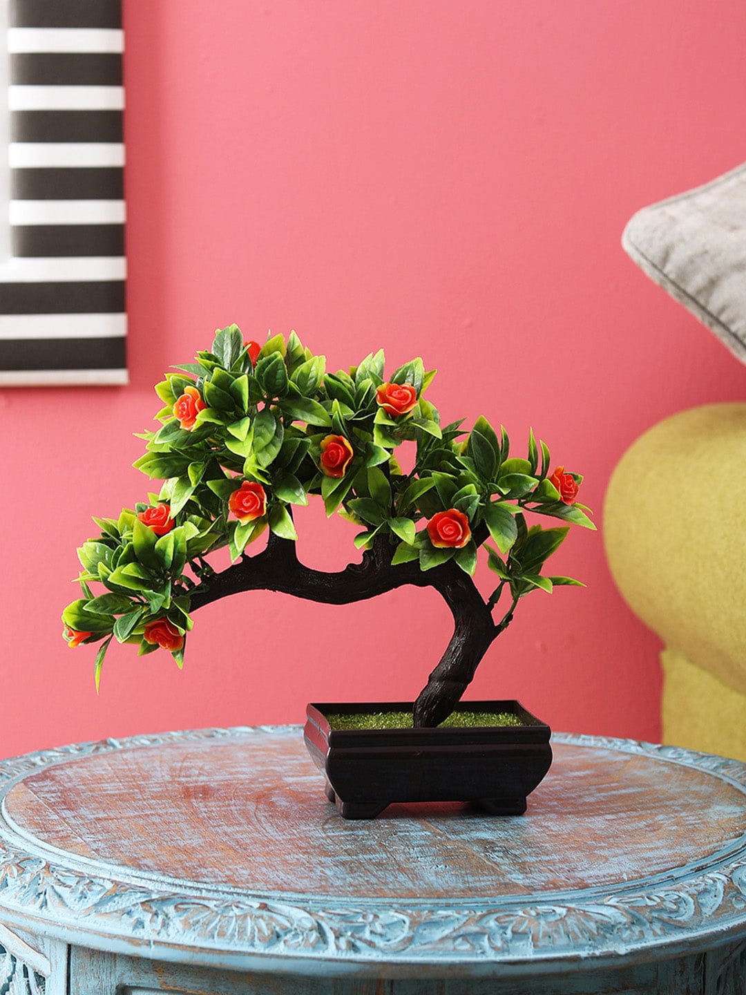 FOLIYAJ Green & Orange Artificial Bent Bonsai Tree With Pot Price in India