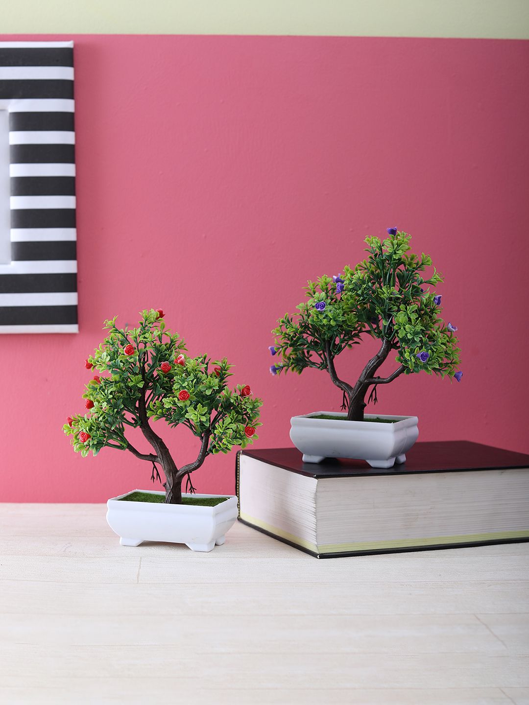 FOLIYAJ Set of 2 Multicoloured Artifical 3-Branch Bonsai Tree Price in India