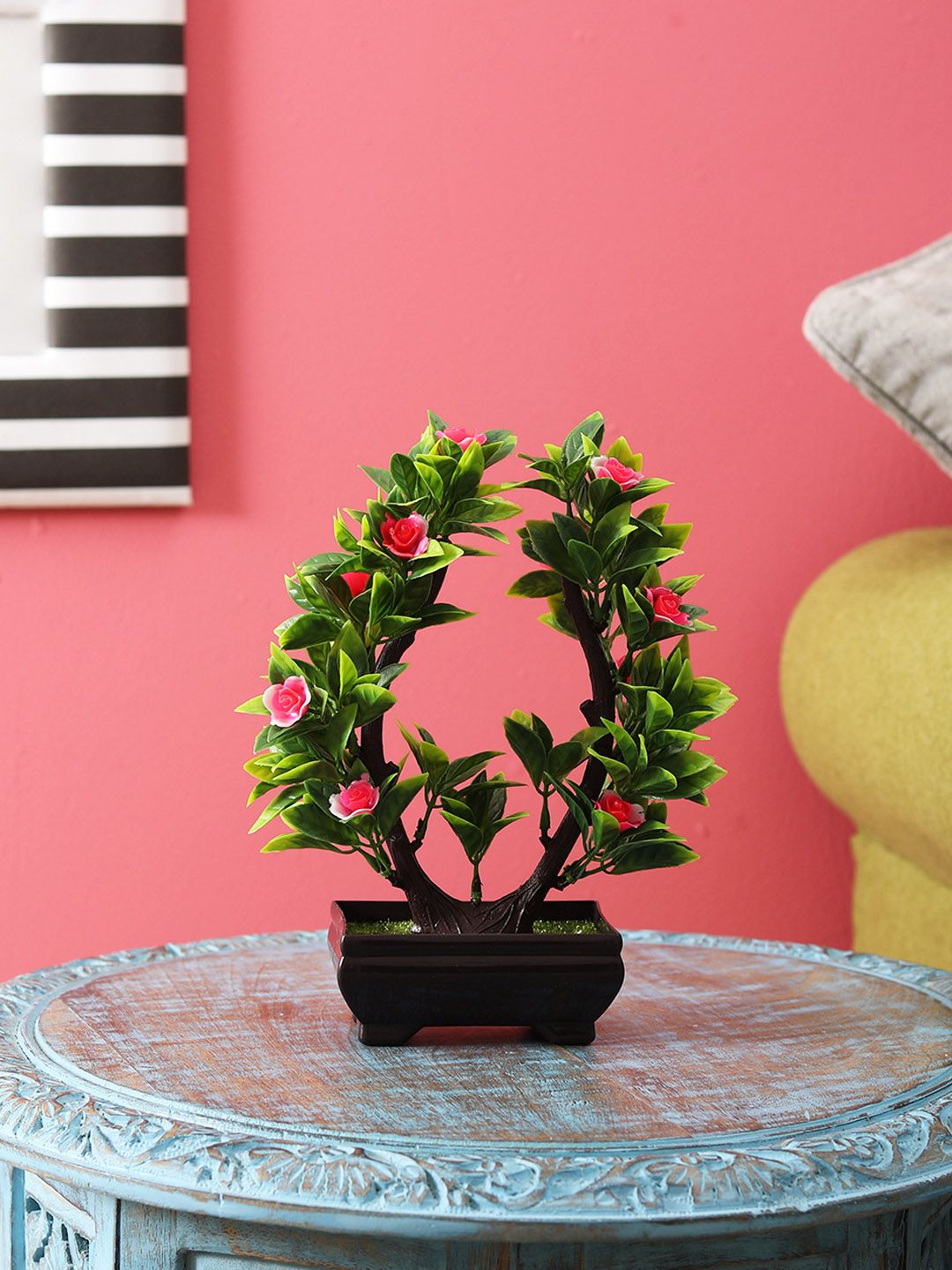 FOLIYAJ Green & Pink Artificial U-Shaped Bonsai Tree With Pot Price in India