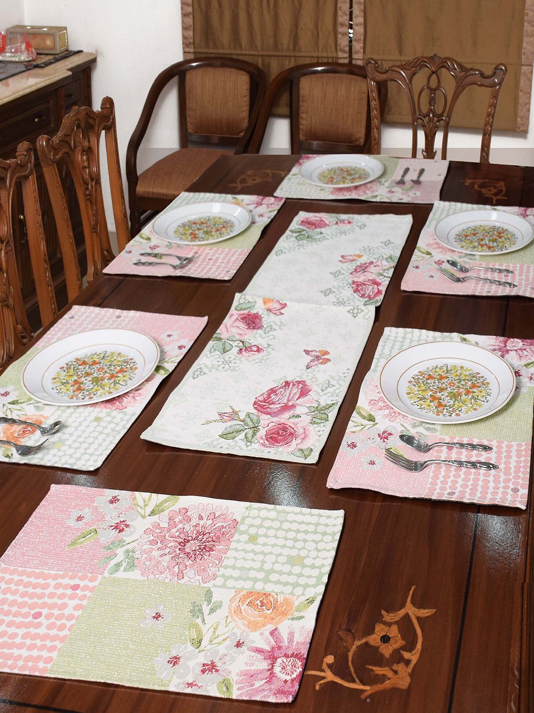 Avira Home Set of 7 Multicoloured Jaquard Woven Table Placemats With Runner Price in India
