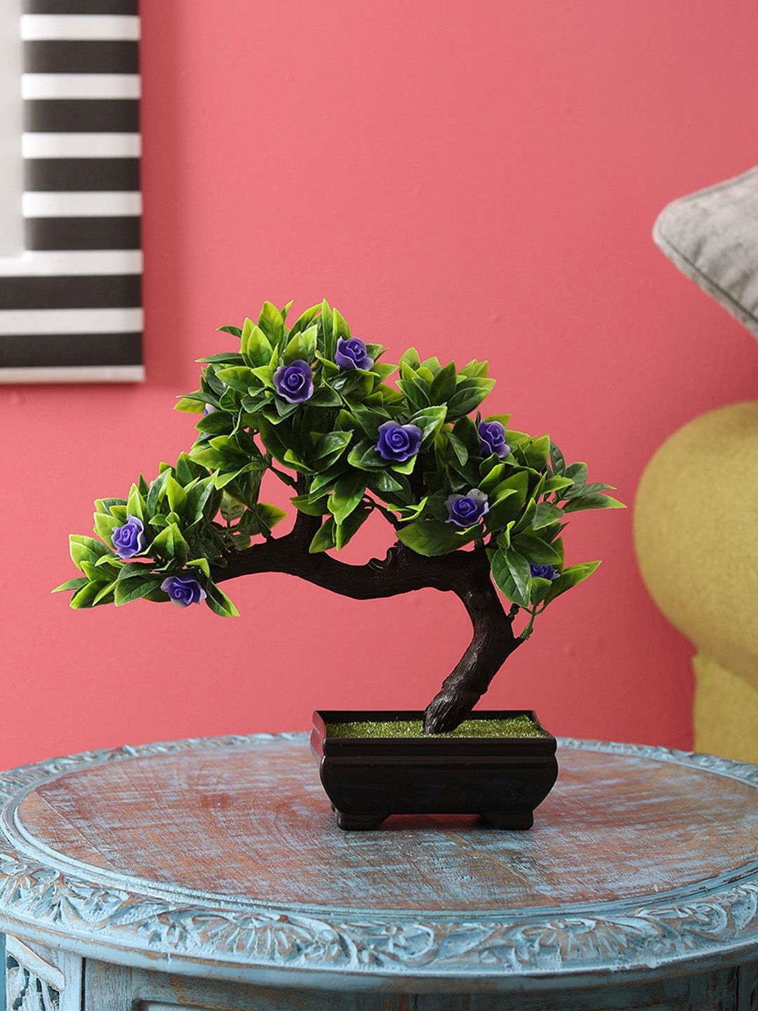 FOLIYAJ Green & Purple Artificial Bent Bonsai Tree Price in India