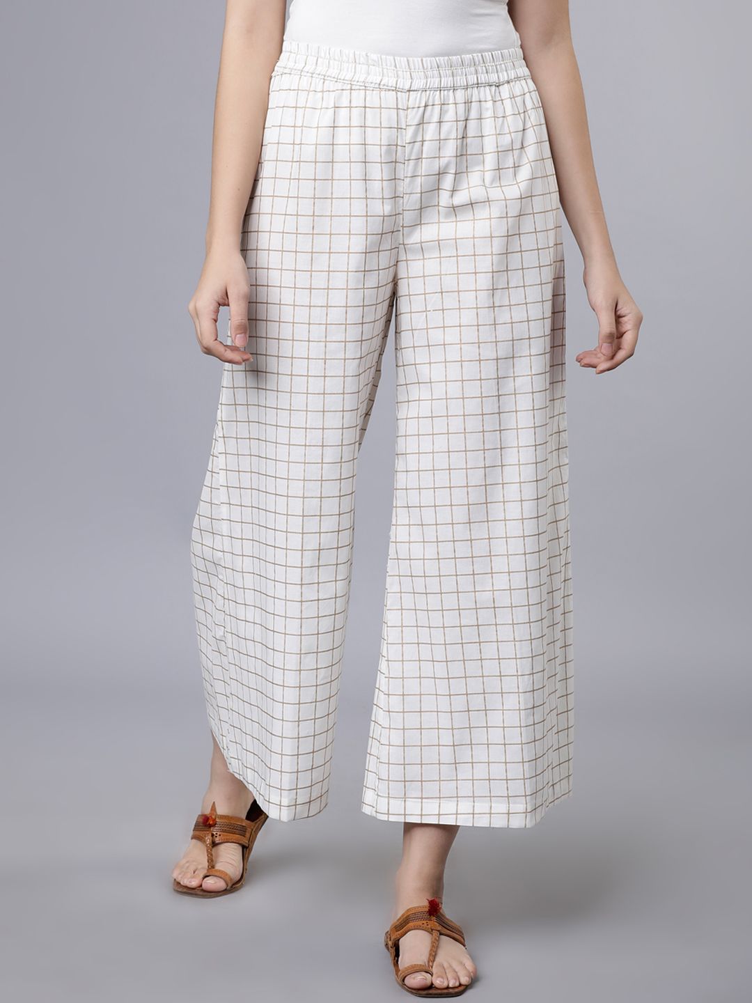 Vishudh Women Off-White & Beige Checked Flared Palazzos Price in India