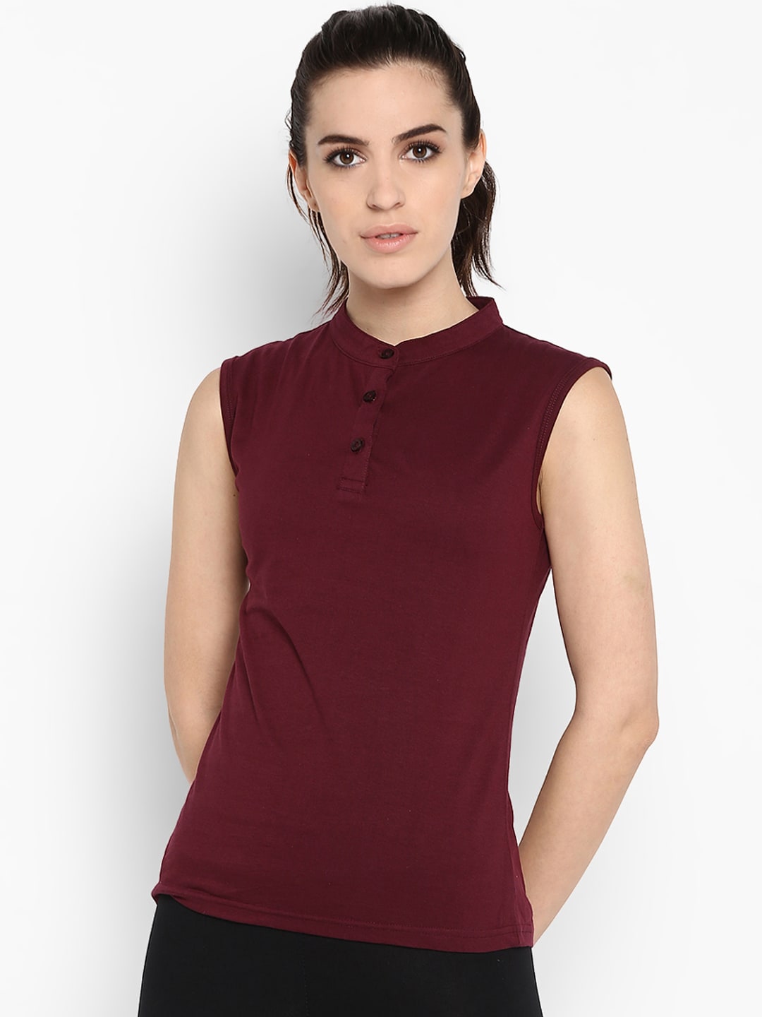 appulse Women Maroon Solid Slim Fit Mandarin Collar T-shirt Price in India