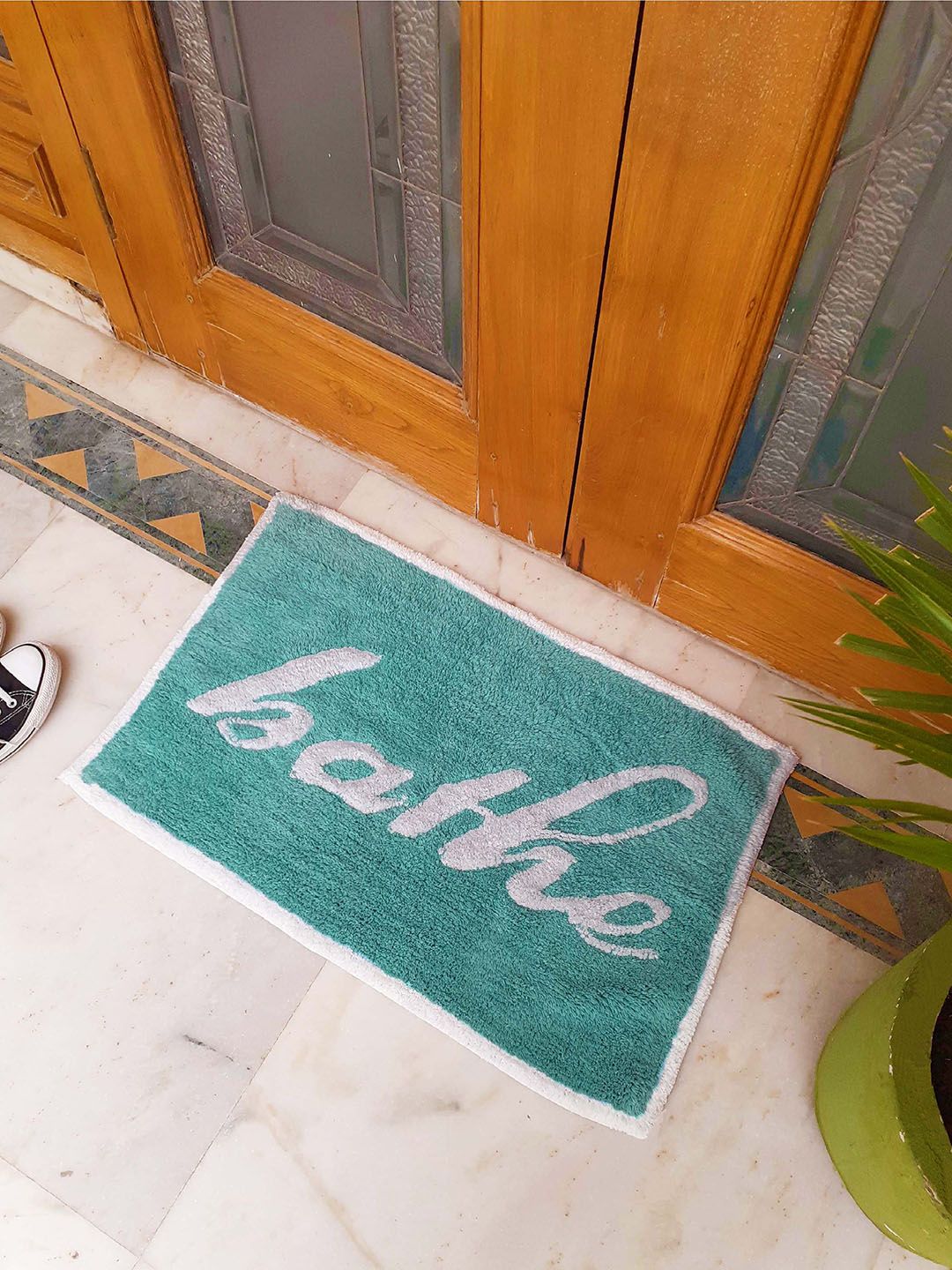 Avira Home Green & White Typography Cotton Doormat Price in India