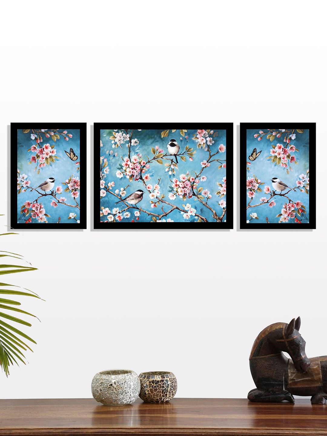 Art Street Set of 3  Blue Flower & Sparrow UV Wall Art With Wooden Frame Price in India