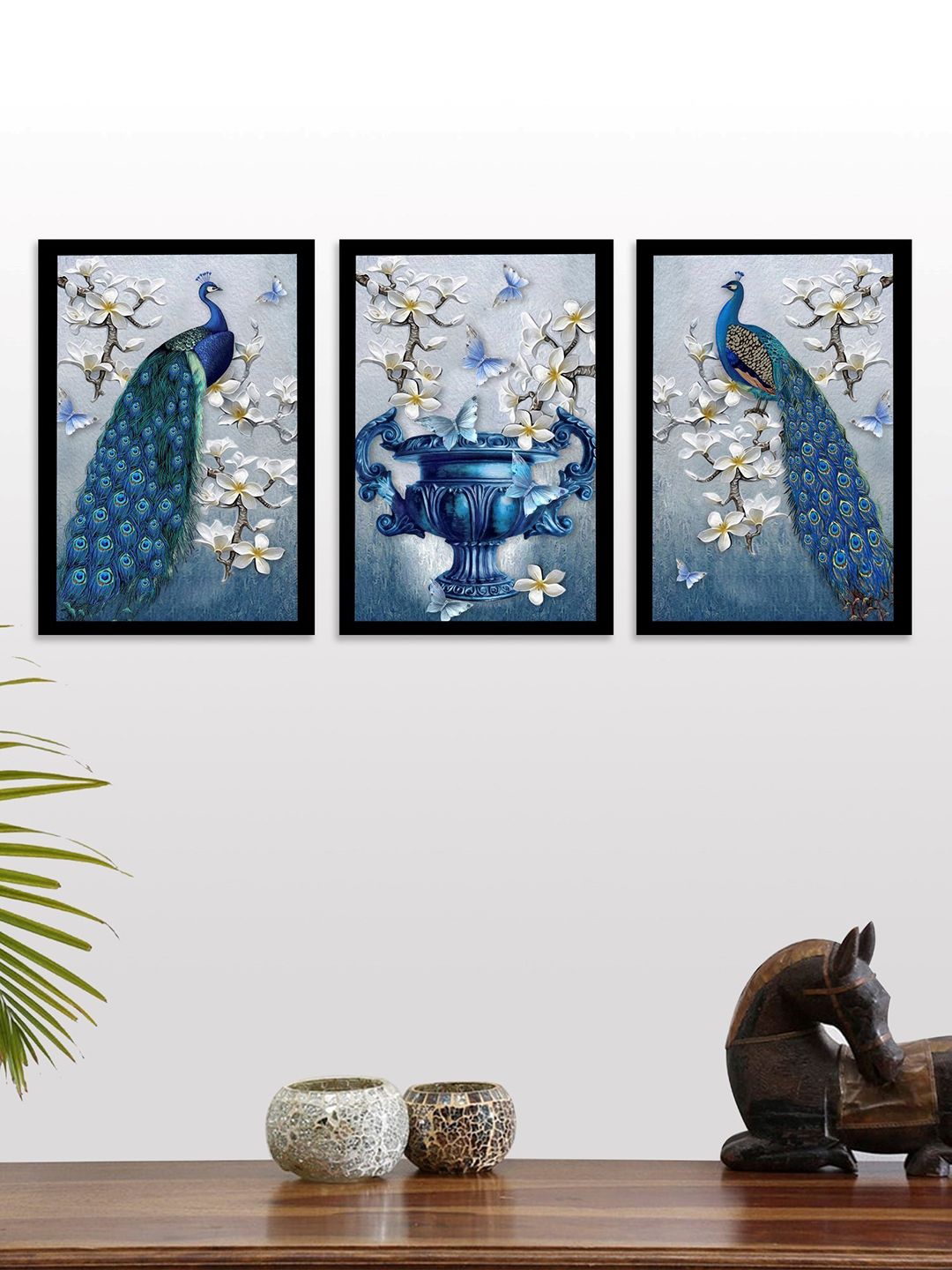 Art Street Set of 3 Blue Peafowl UV Wall Art With Wooden Frame Price in India