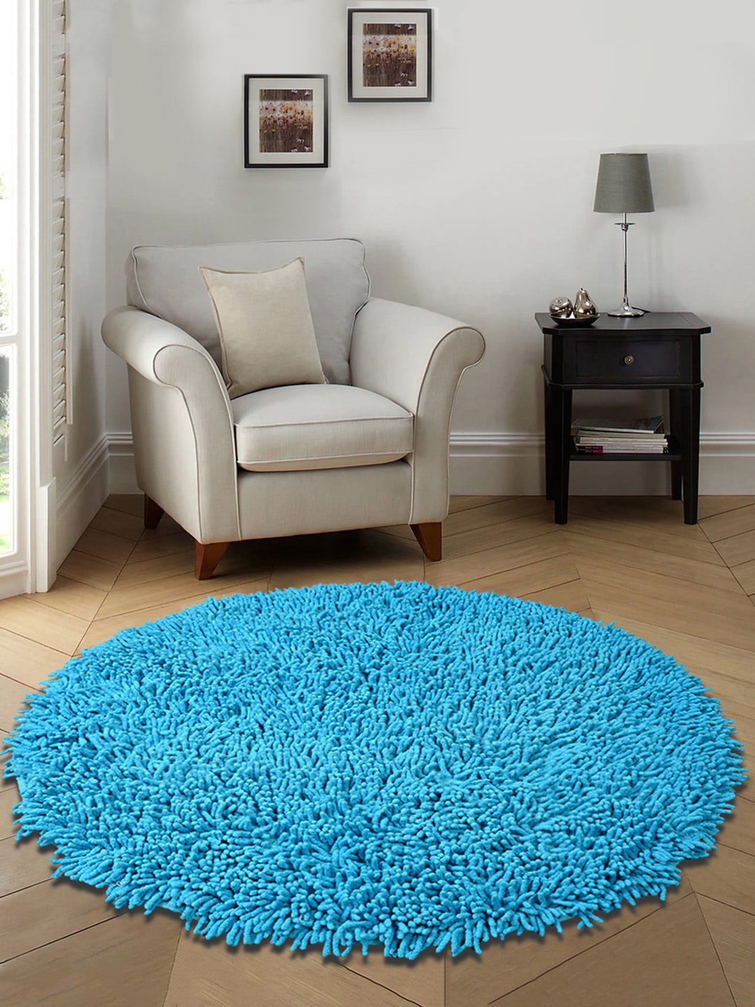Saral Home Turquoise Blue Solid Cotton Anti-Skid Shaggy Round Bath Mat Price in India