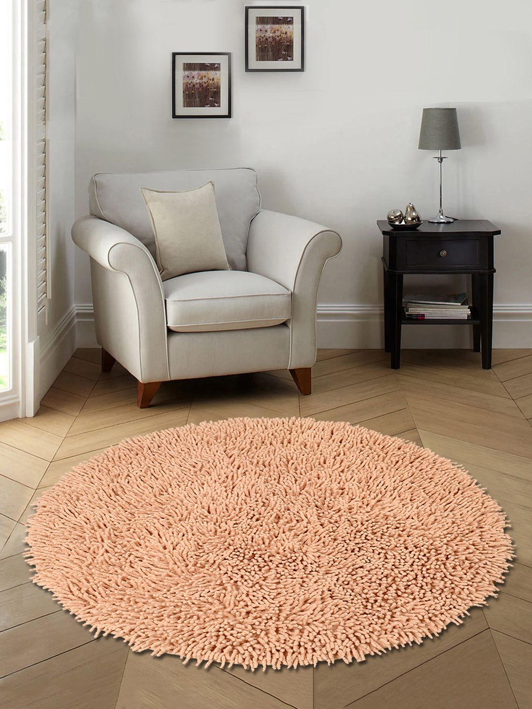 Saral Home Beige Solid Cotton Anti-Skid Shaggy Round Bath Mat Price in India