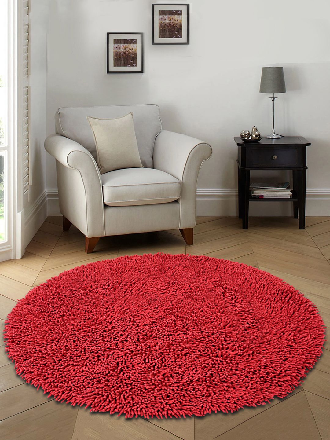 Saral Home Red Solid Cotton Anti-Skid Shaggy Round Bath Mat Price in India