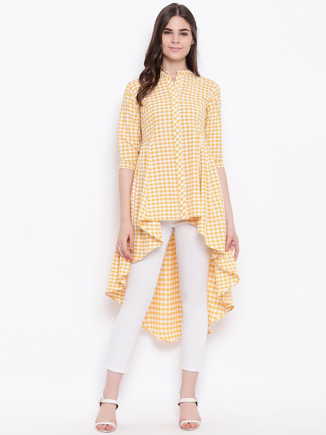 FABNEST Women Yellow and White Checked Tunic Price in India