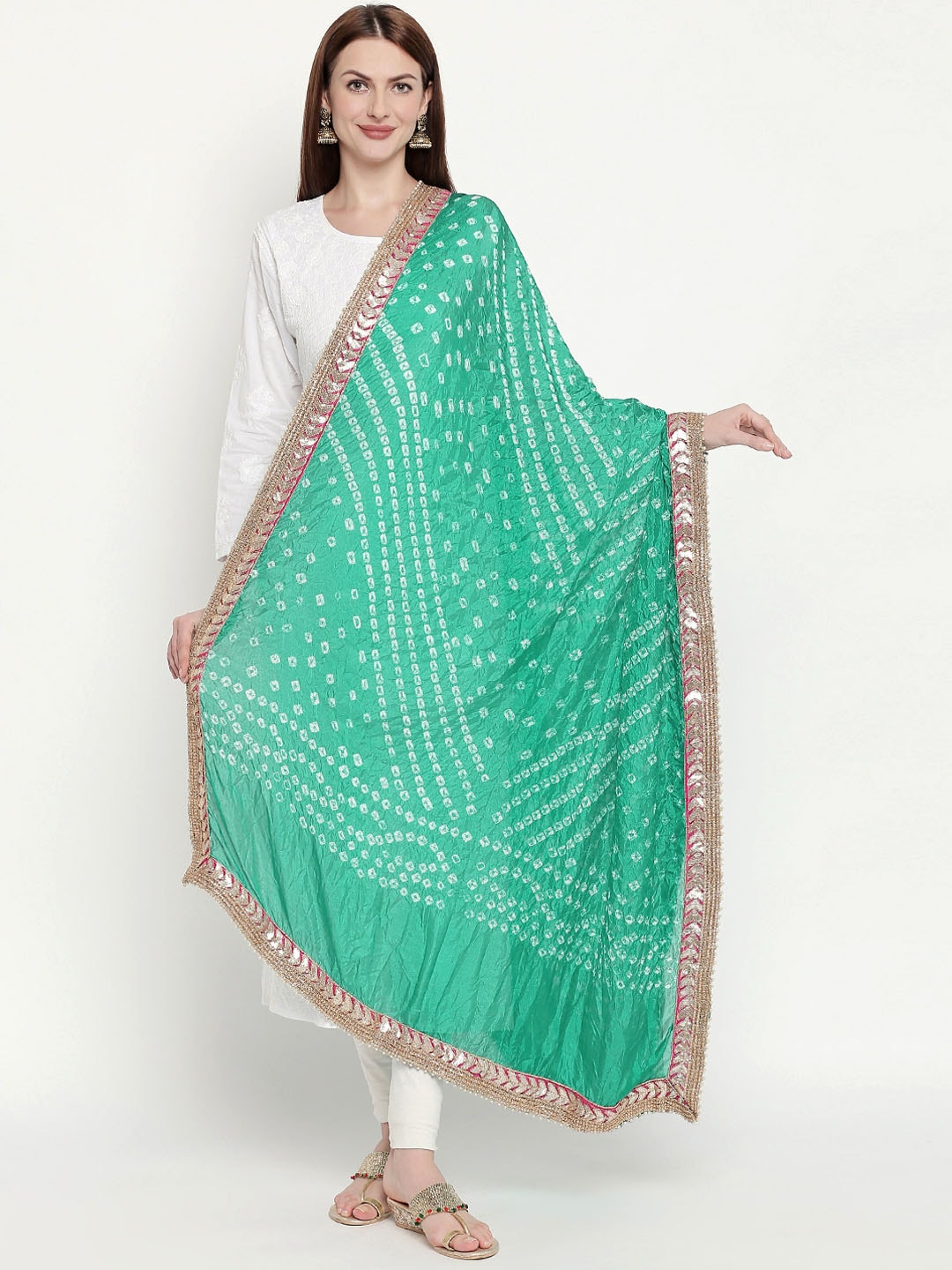 Dupatta Bazaar Green & White Bandhani Dyed Gotta Patti Dupatta Price in India