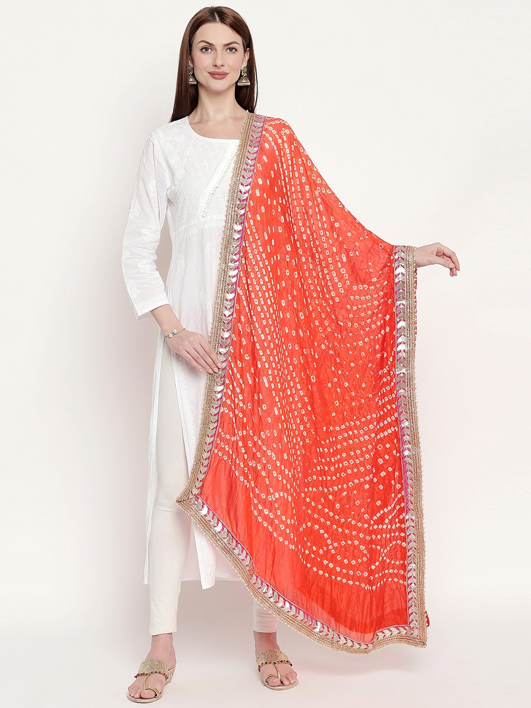 Dupatta Bazaar Orange & White Bandhani Dyed Gotta Patti Dupatta Price in India