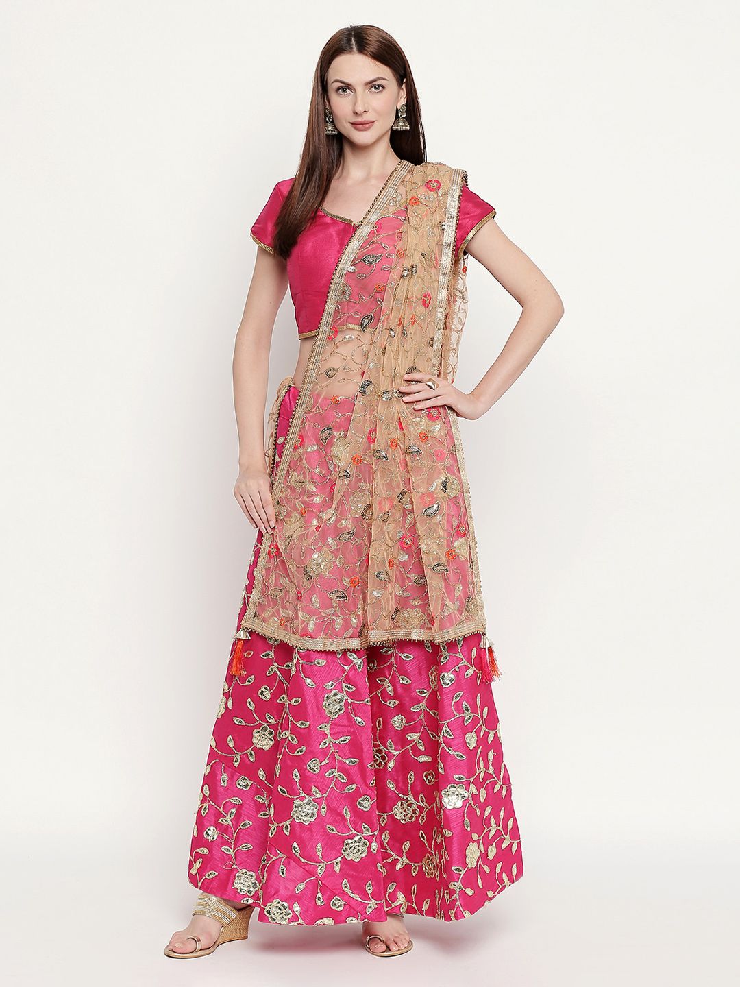 Dupatta Bazaar Women Gold-Toned & Pink Embroidered Dupatta Price in India