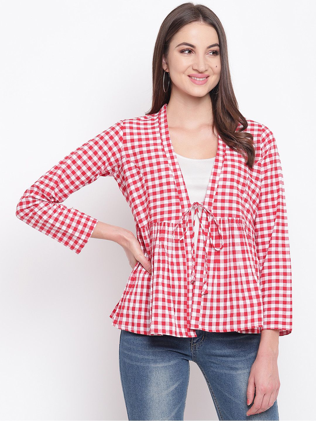 FABNEST Women Red & White Checked Tie-Up Shrug Price in India
