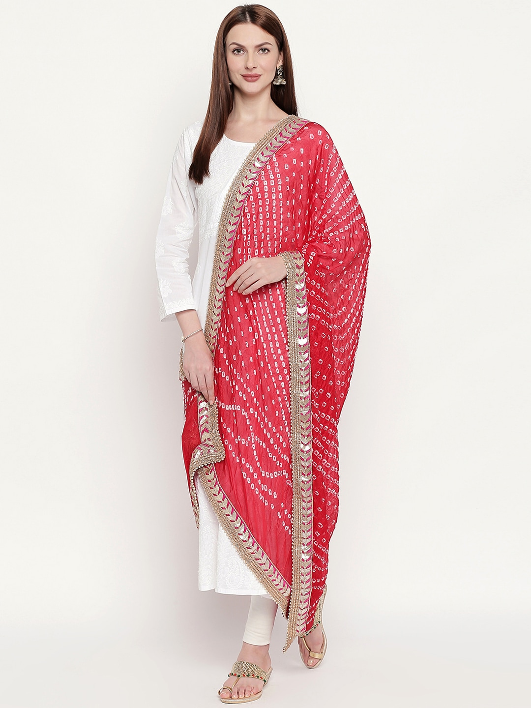 Dupatta Bazaar Red & White Bandhani Dyed Gotta Patti Dupatta Price in India