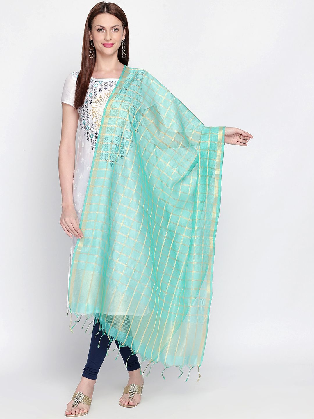 Dupatta Bazaar Women Sea Green & Gold-Toned Checked Dupatta Price in India