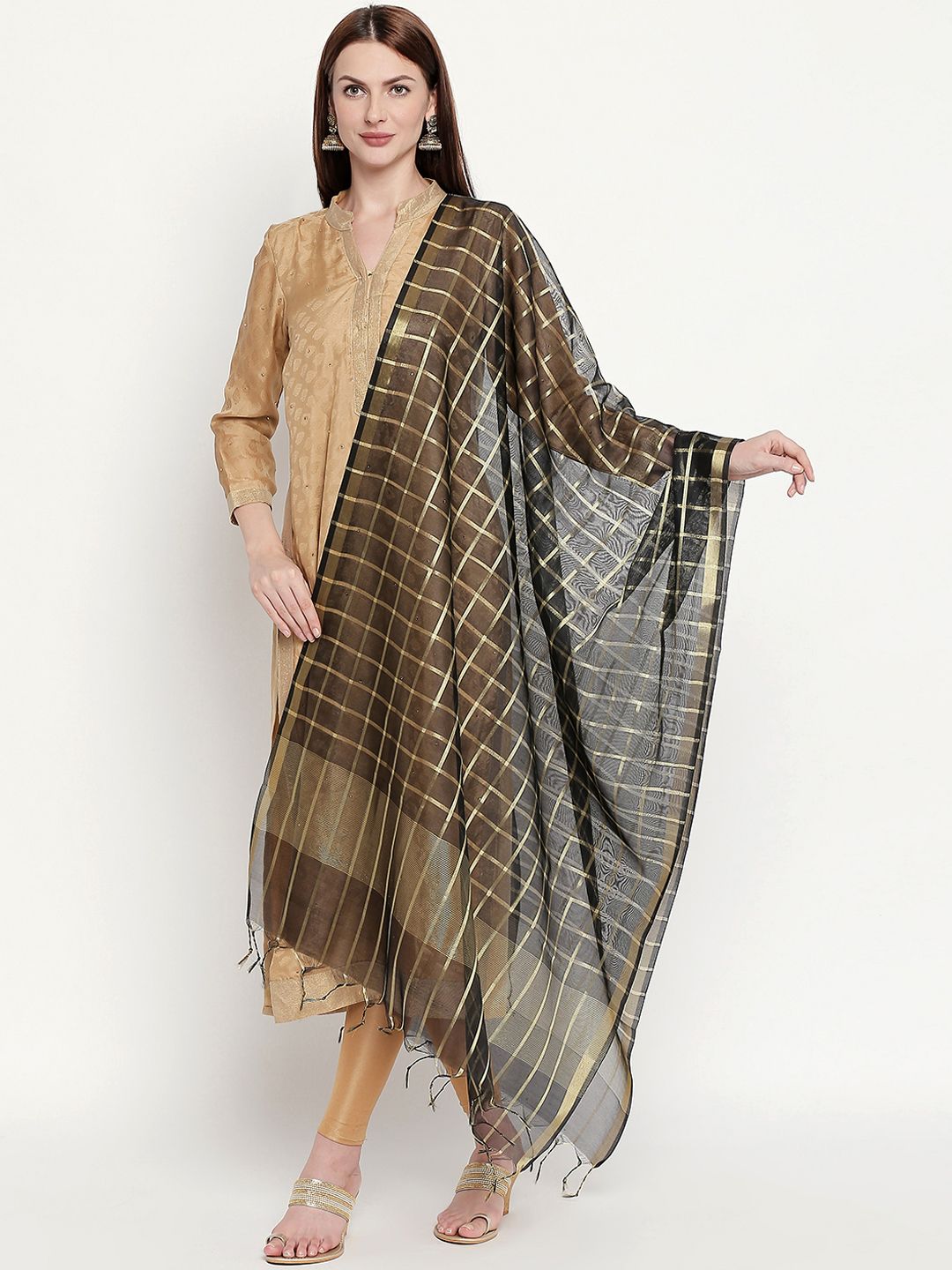 Dupatta Bazaar Women Black & Gold-Toned Checked Dupatta Price in India