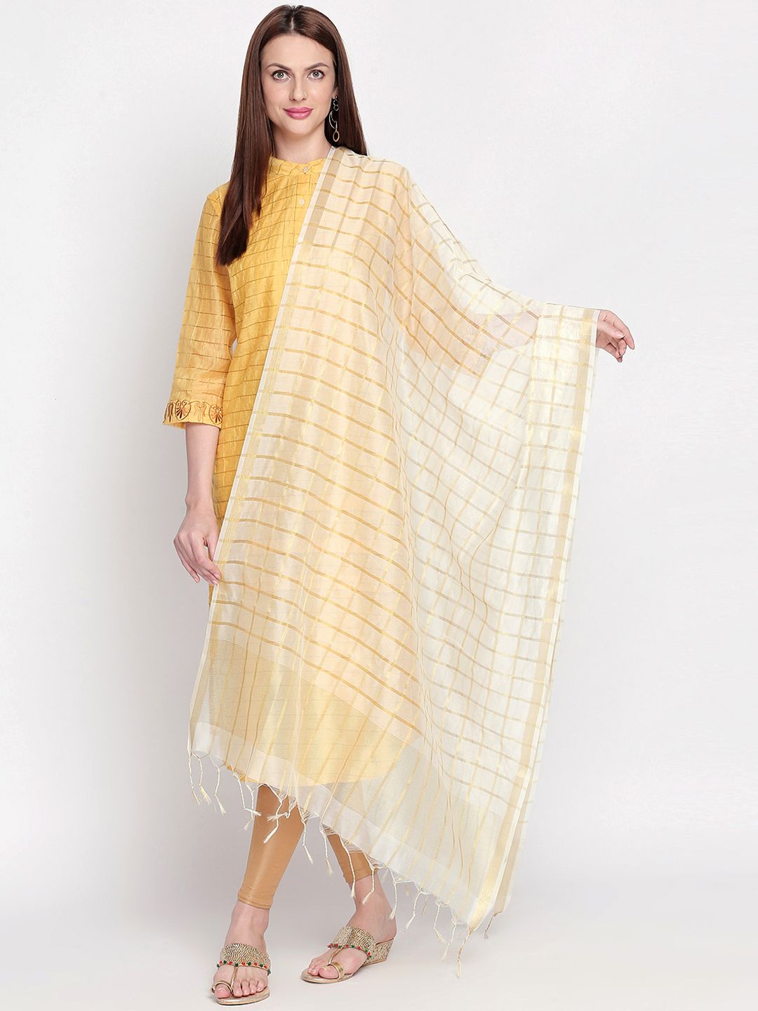 Dupatta Bazaar Women White & Gold-Toned Checked Dupatta Price in India