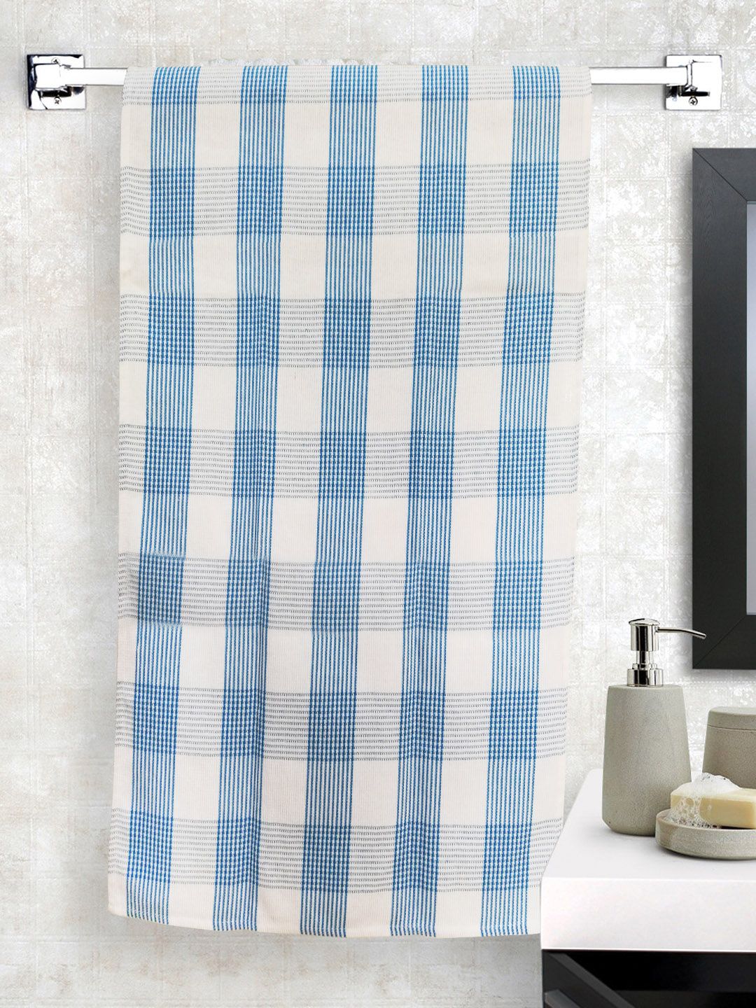 Athom Trendz Blue & White Checked Cotton Bath Towel Price in India