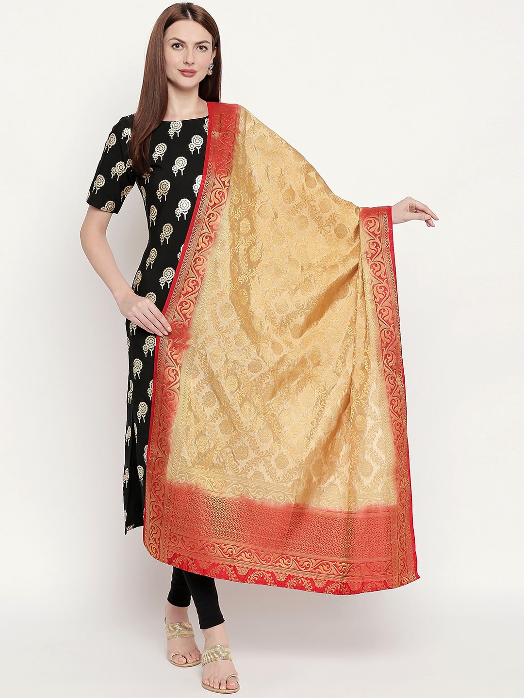 Dupatta Bazaar Gold-Toned & Red Woven Design Dupatta Price in India