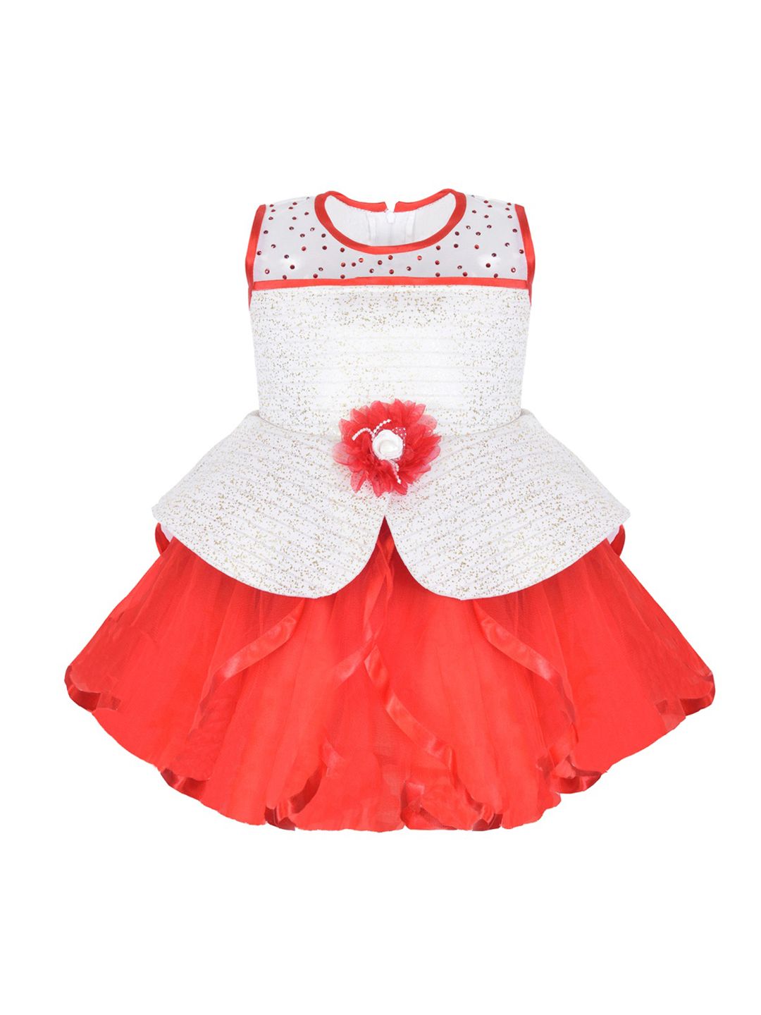 Wish Karo Girls White & Red Colourblocked Layered Fit and Flare Dress