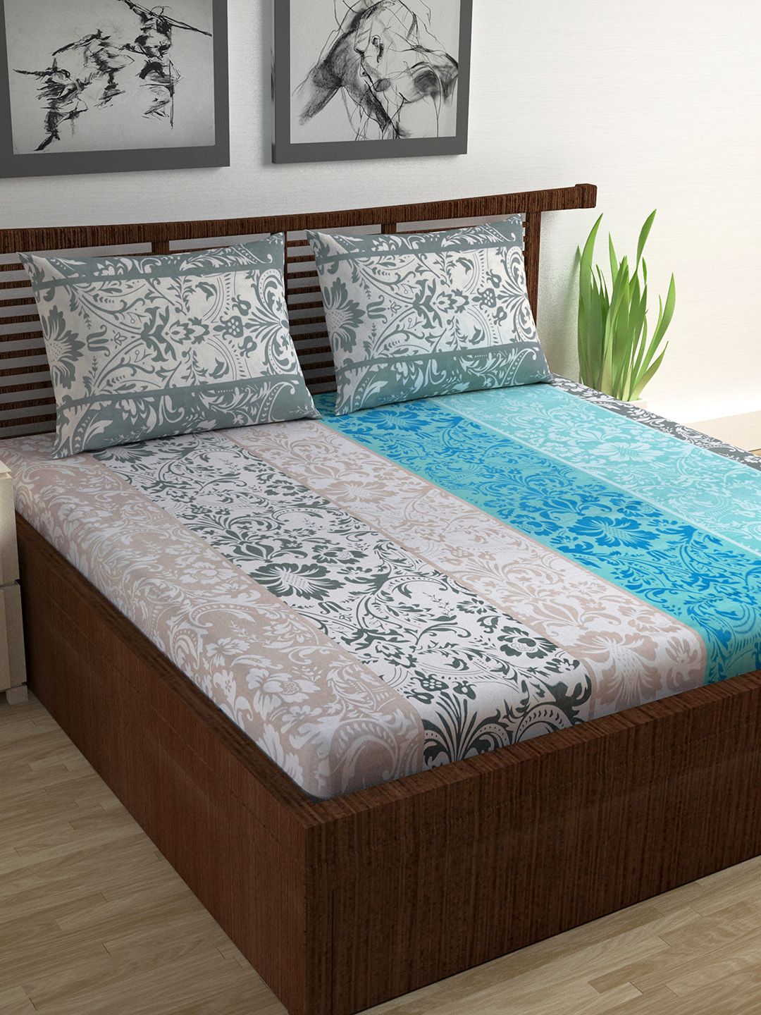 Divine Casa Turquoise Blue & Grey Ethnic Motifs 144 TC Cotton 1 Queen Bedsheet with 2 Pillow Covers Price in India