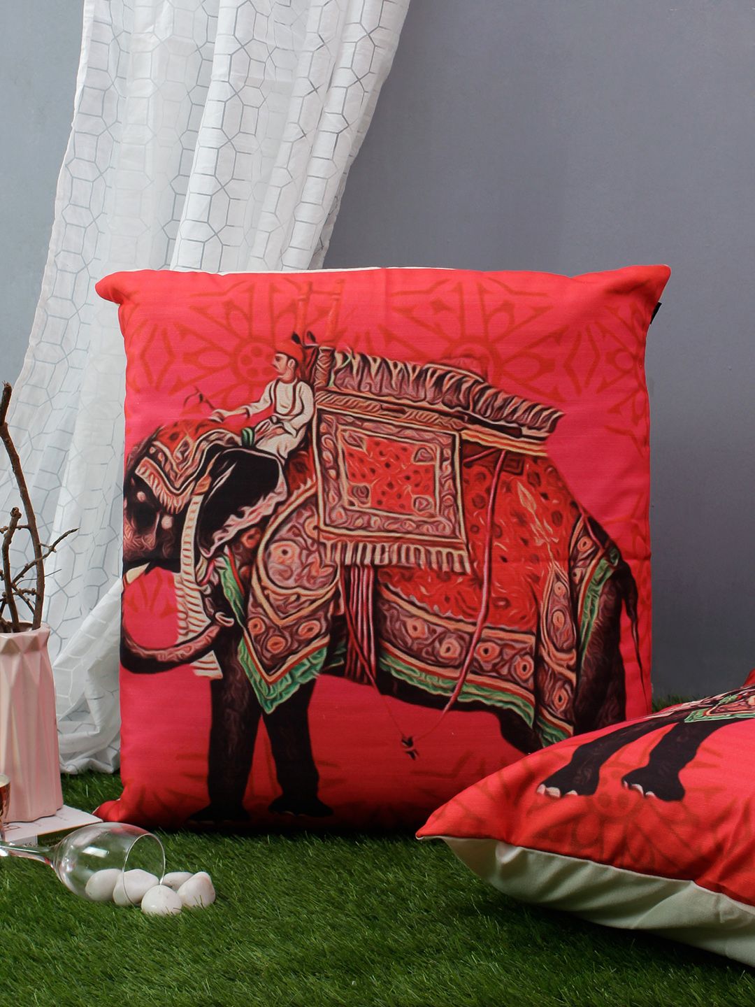 Soumya Red Set of 2 Ethnic Motifs Square Cushion Covers Price in India