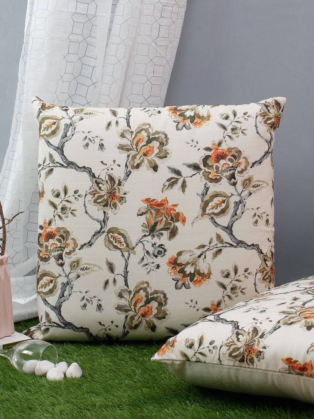 Soumya Set of 2 White & Taupe Floral Square Cushion Covers Price in India