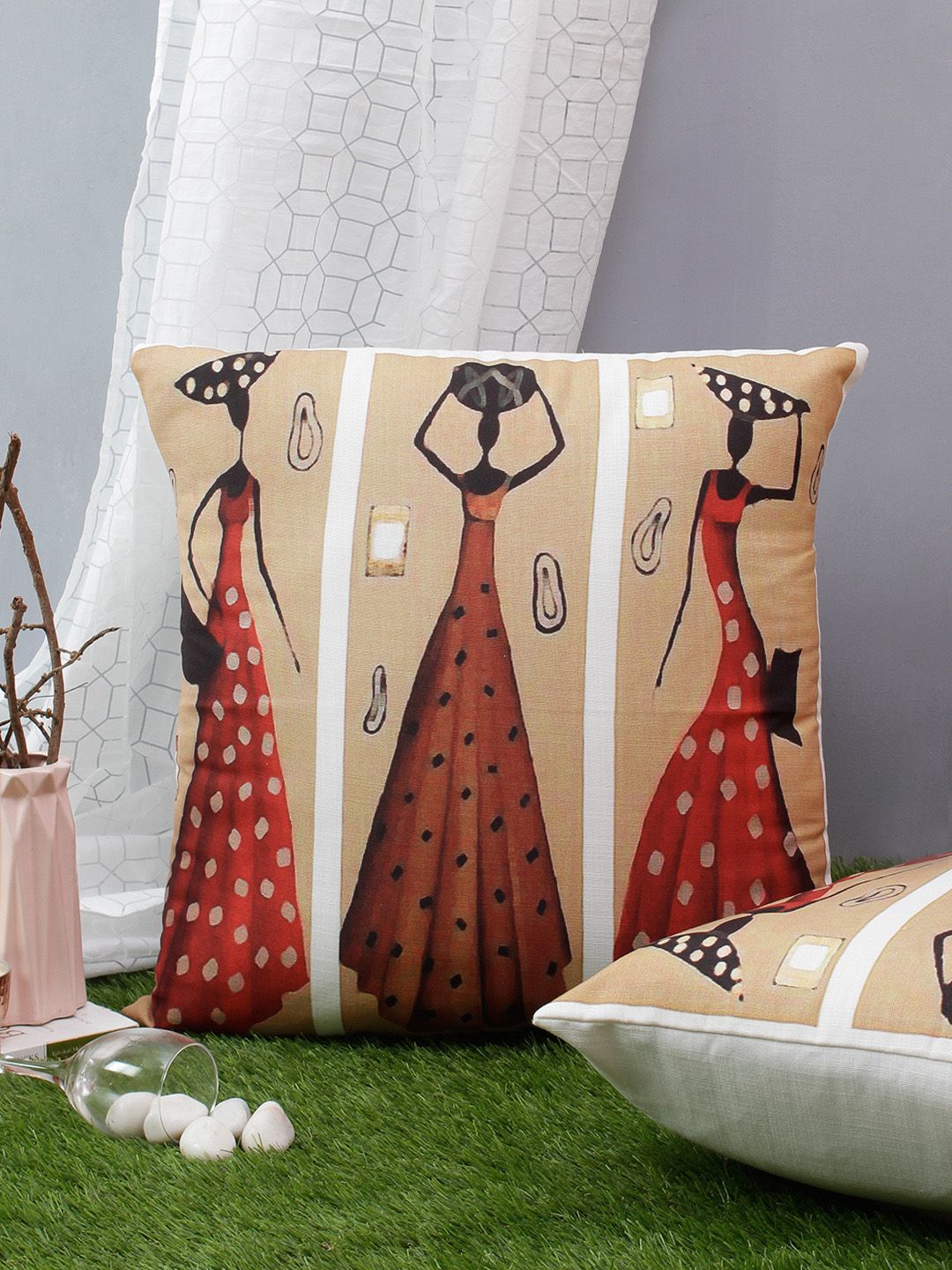 Soumya Set of 2 Beige & Red Digital Print Square Cushion Covers Price in India