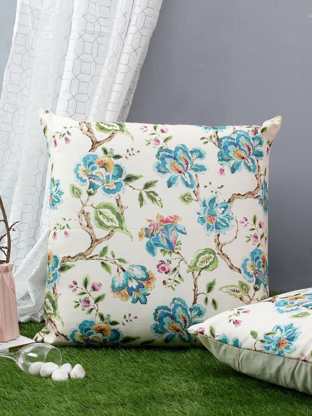 Soumya Set of 2 White & Blue Floral Square Cushion Covers Price in India
